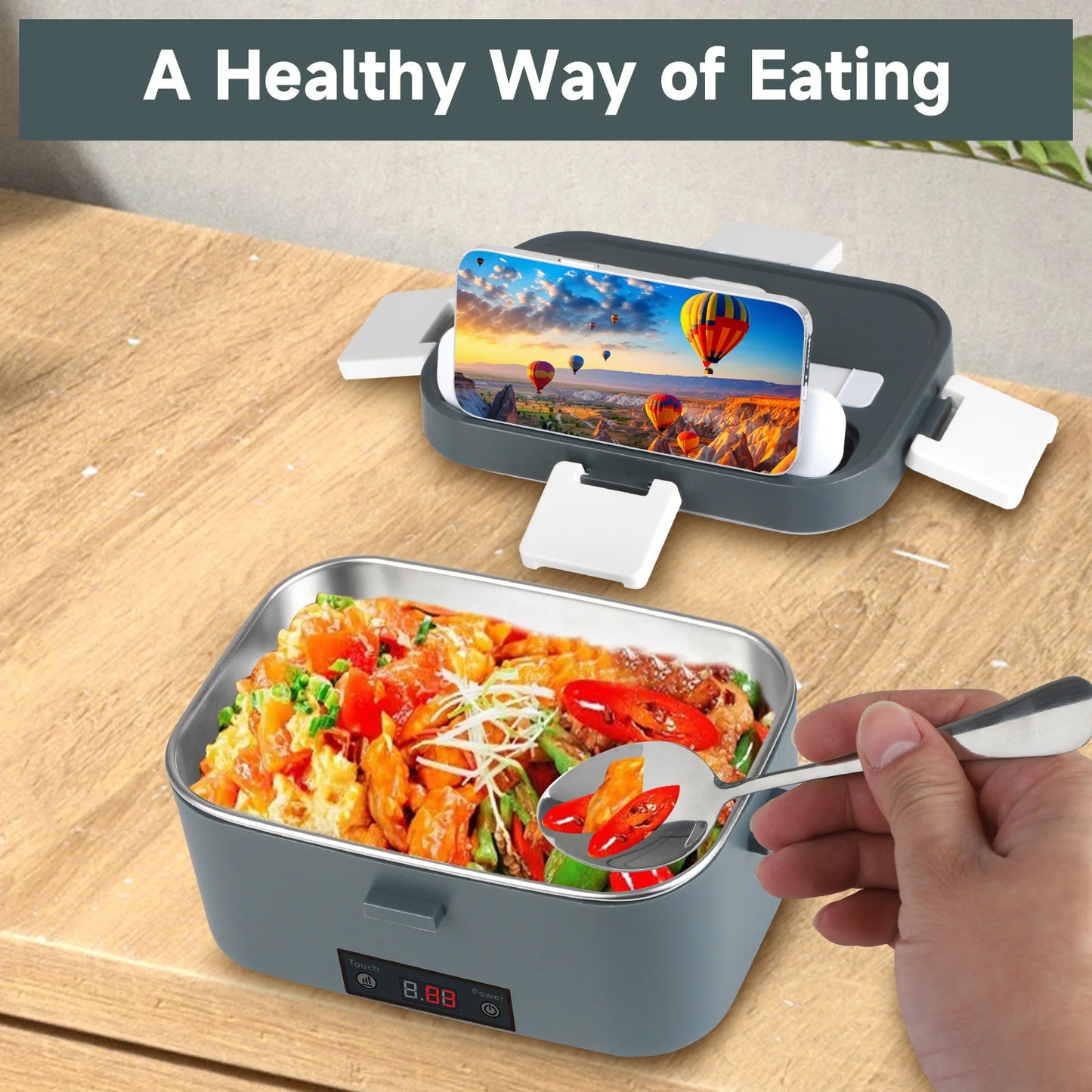 Wireless Self-Heating Lunch Box – Rechargeable Equipped with 4×4000mAh batteries, perfect for warming meals on the go at work, in the car, or during travel.