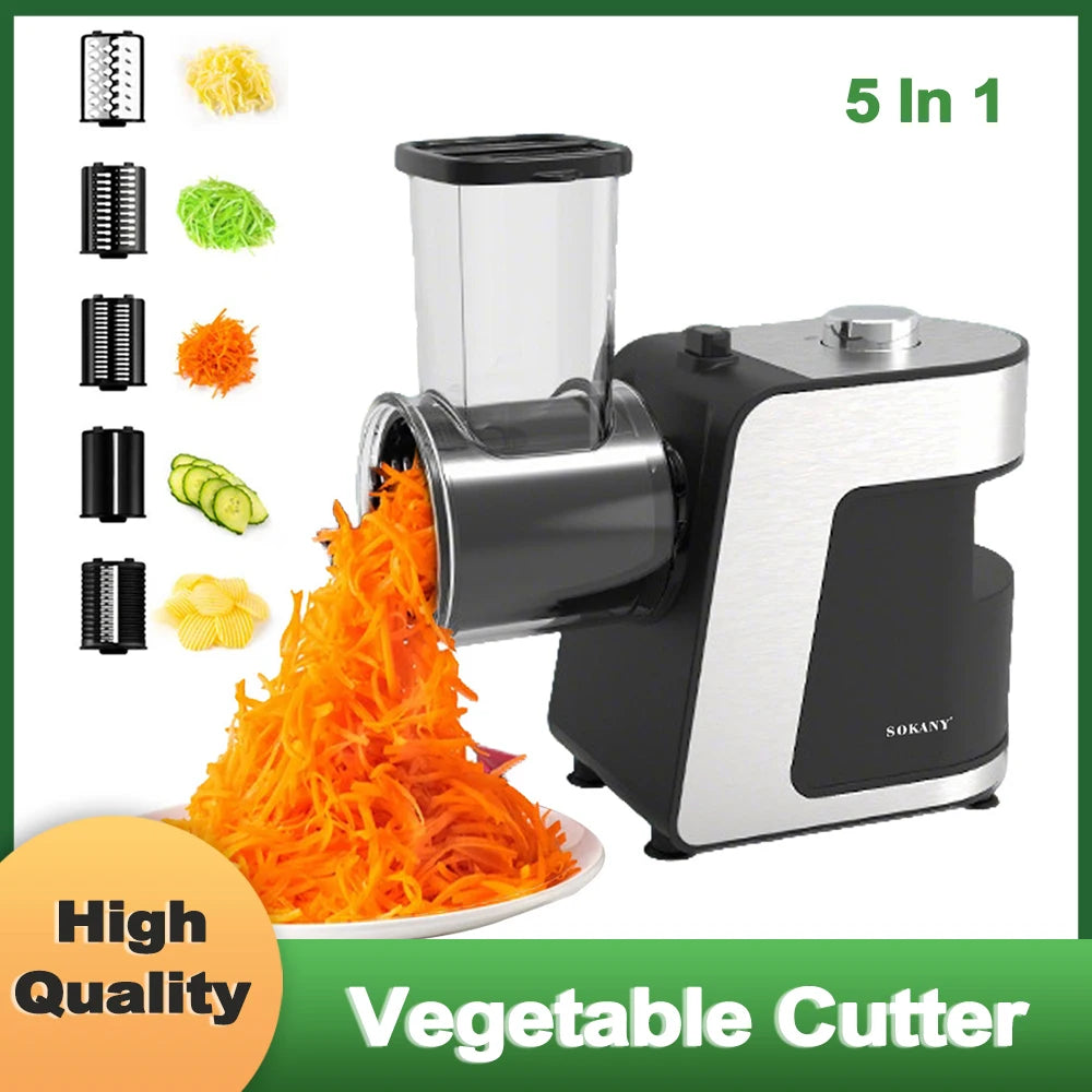 5-In-1 Electric Vegetable Cutter With 5 Blades Cheese Grater Slicer Shredder Kitchen Tool Carrot Fruits Simple Control Best Gift