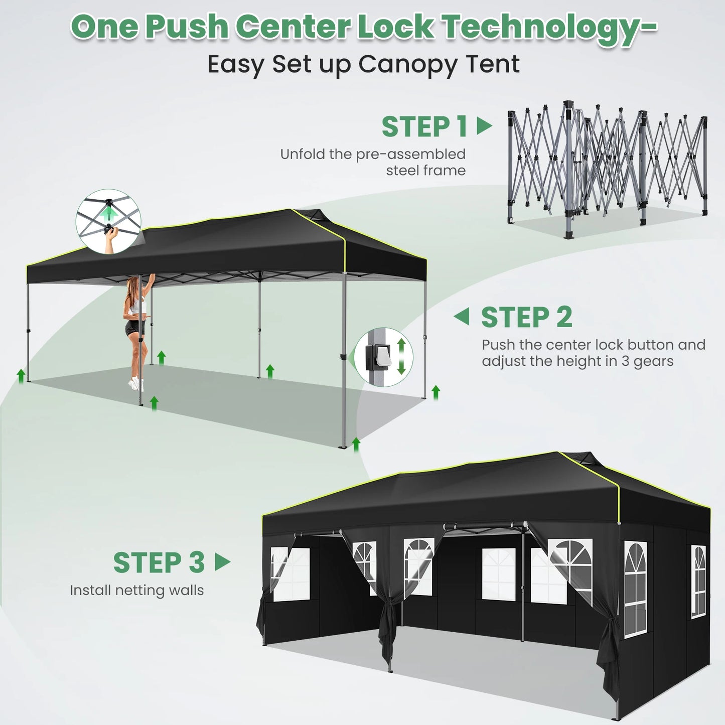 3x6 Pop-Up Waterproof Party Tent with 6 Sidewalls Features reflective stripes and ventilation openings, ideal for weddings, garden events, and outdoor gatherings. Easy to set up and durable.