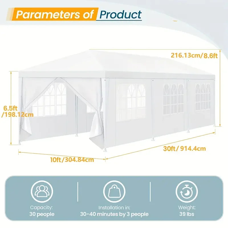10x10 / 10x20 / 10x30 Outdoor Party Tent with Removable Sidewalls
Waterproof canopy perfect for weddings, parties, BBQs, and outdoor events. Easy to set up and versatile for any occasion.