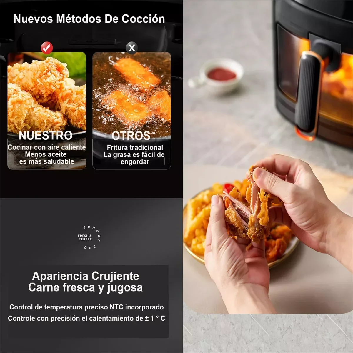 OWJHE 5L Air Fryer 8-in-1 Electric Hot Oven with Digital LED Screen Visible Window Max 200°C 2400W New Black Non-fat fryer
