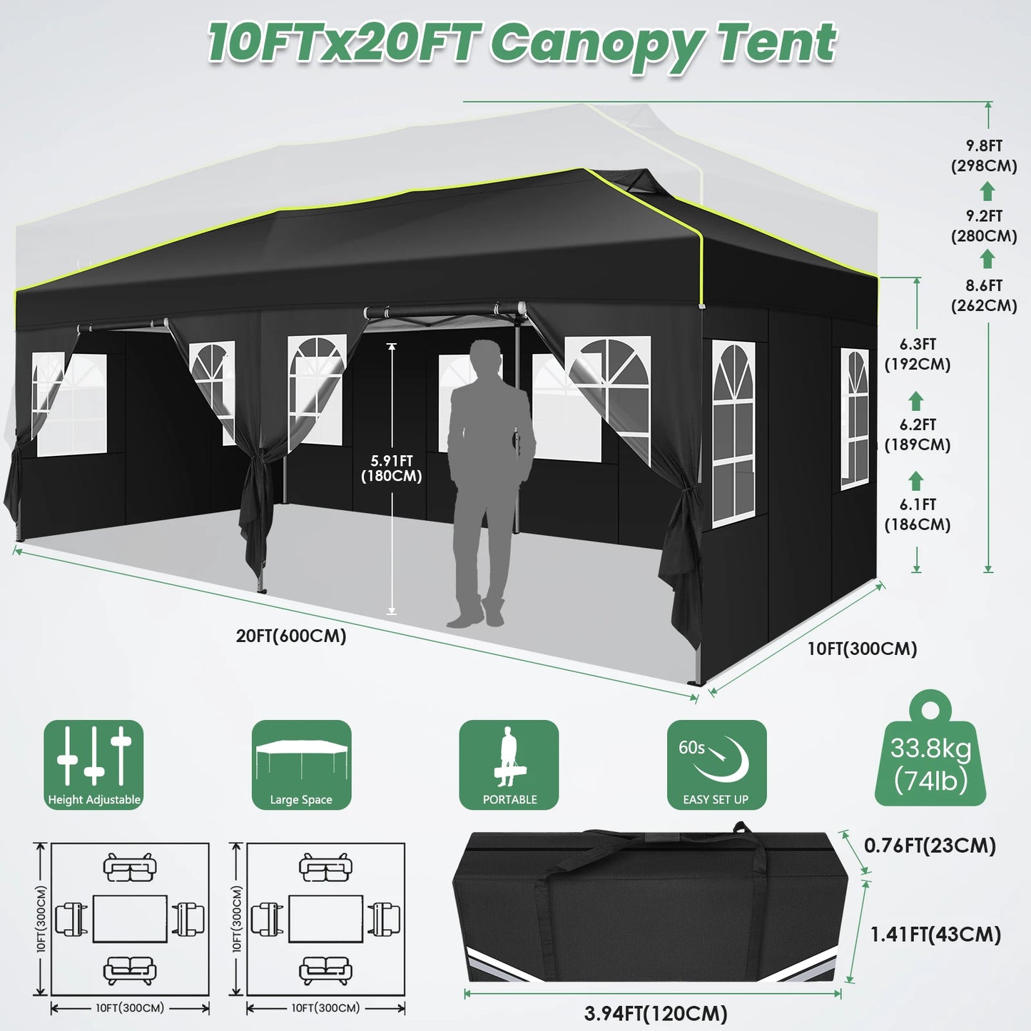 3x6 Pop-Up Waterproof Party Tent with 6 Sidewalls Features reflective stripes and ventilation openings, ideal for weddings, garden events, and outdoor gatherings. Easy to set up and durable.