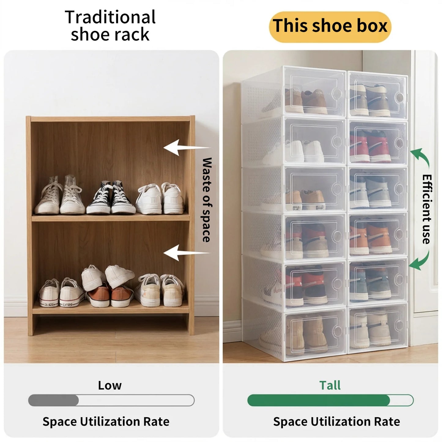Shoe Boxes, Pack of 6/12, Stackable Shoe Organiser, Shoe Storage, Shoe Box with Lid for Shoes up to Size 45, White