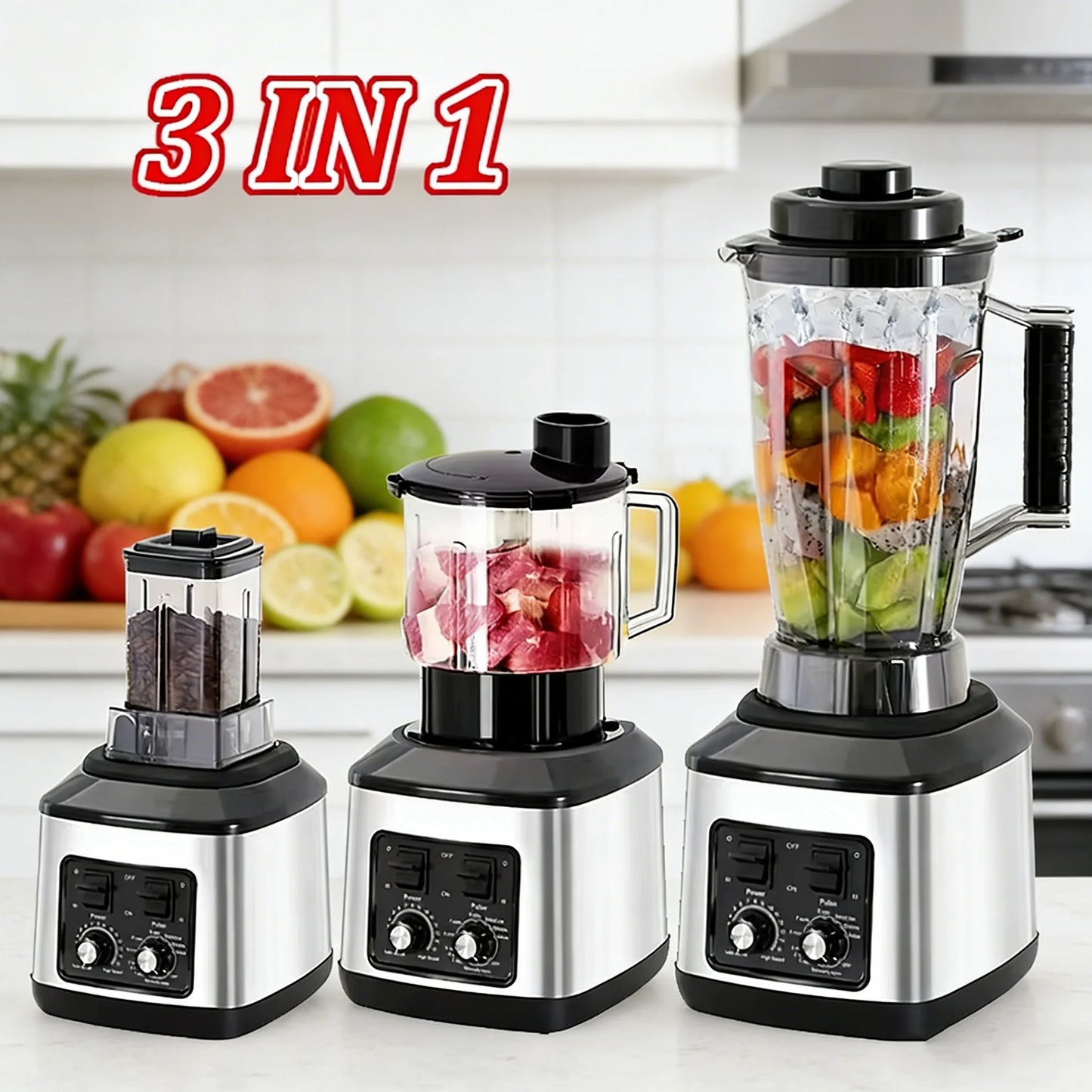 3 in 1 Electric Blender 9500W Powerful Multifunctional Mixer Juicer Smoothie Maker 3L+1.5L+0.5L Container Food Processor Mixer