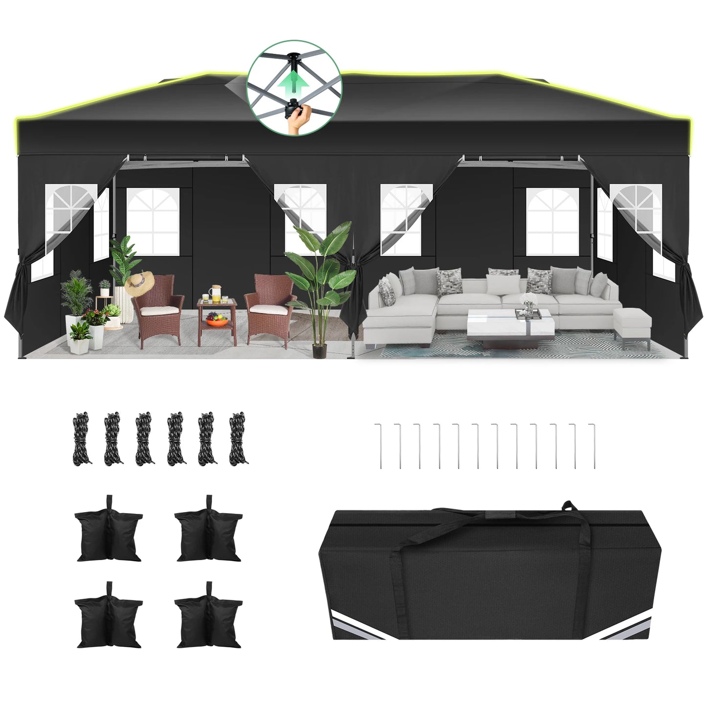 3x6 Pop-Up Waterproof Party Tent with 6 Sidewalls Features reflective stripes and ventilation openings, ideal for weddings, garden events, and outdoor gatherings. Easy to set up and durable.