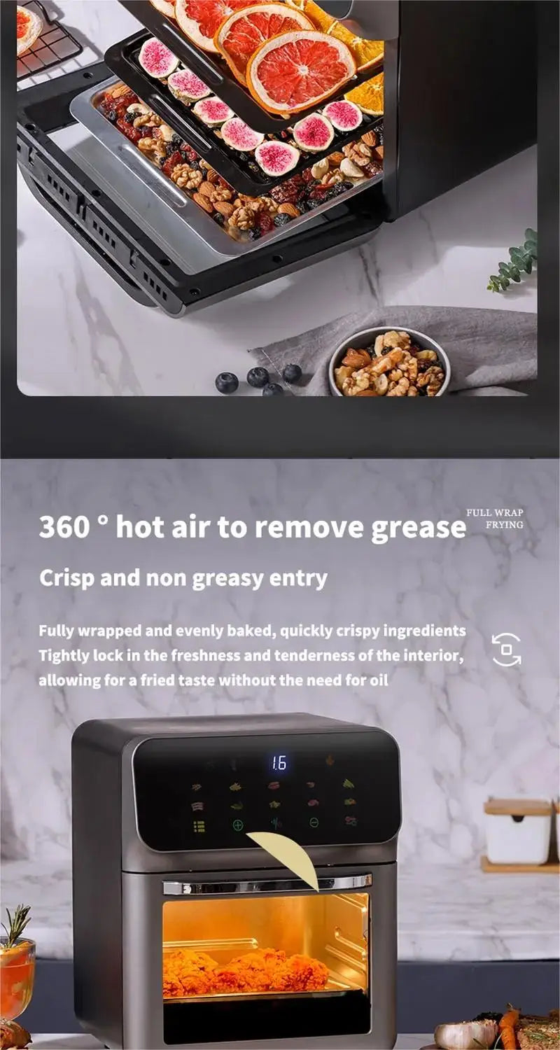 10L Air Fryer – 1350W Oil-Free Oven
Features touch control, visible window, and non-basket design. Large family size, perfect for healthier cooking.