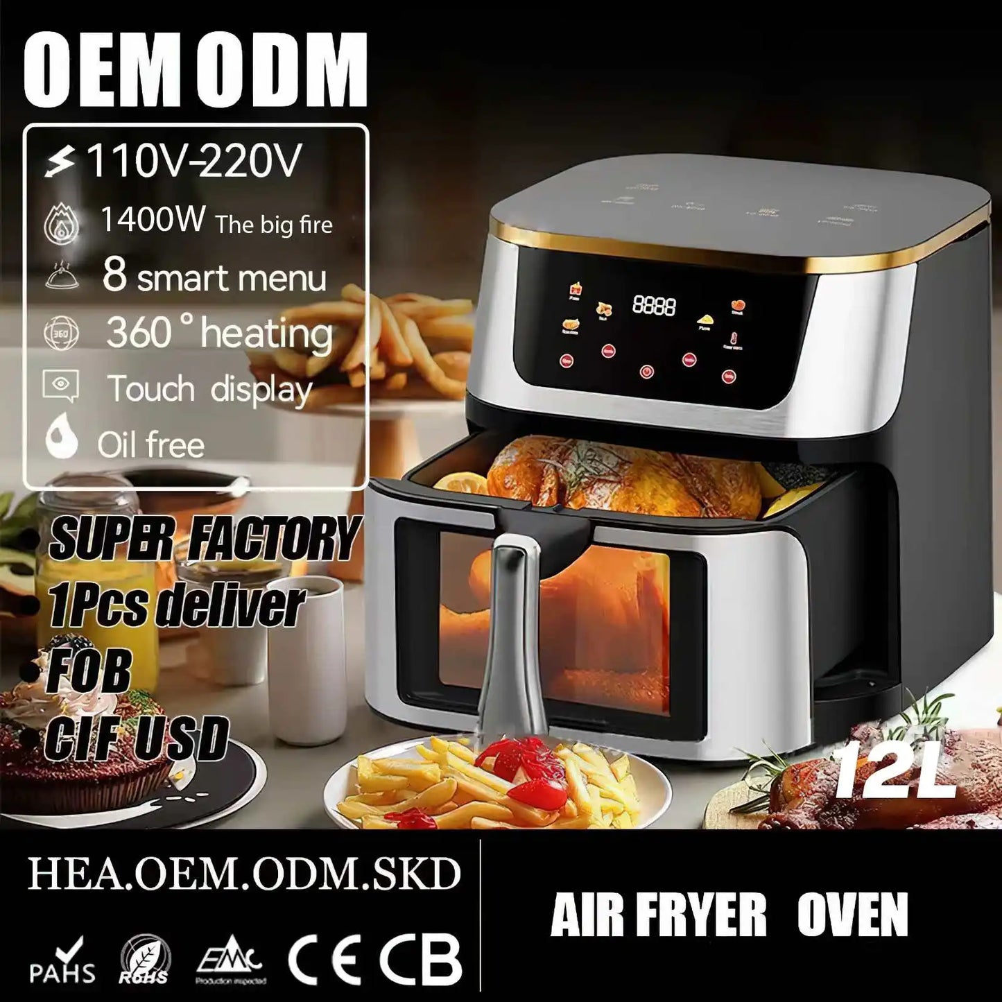 8L Stainless Steel Visible Large Capacity Electric Air Fryer, Multi-function Air Oven, LED Touch Screen,210 ° High Temperature