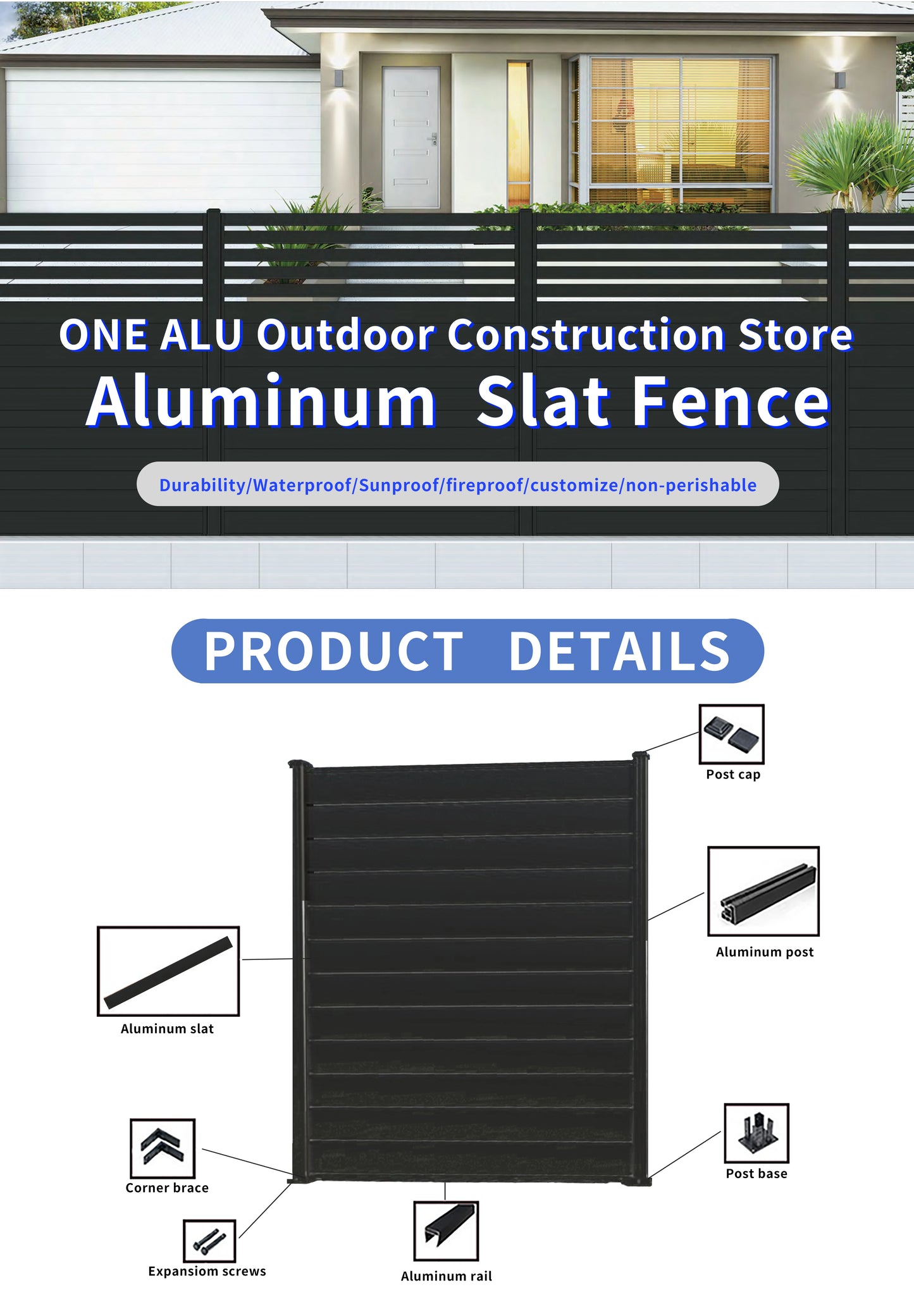 Easy-Install Privacy Decking Fence for Outdoor Wood Garden Fence Vertical Aluminum Metal Slat Fence with Privacy Panels