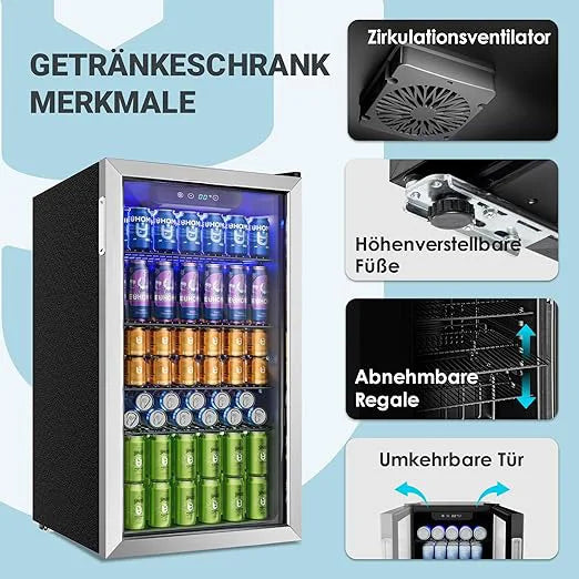 Drinks refrigerator with glass door for 126 cans, adjustable shelves for beer/wine, home/bar/office, silver stainless steel