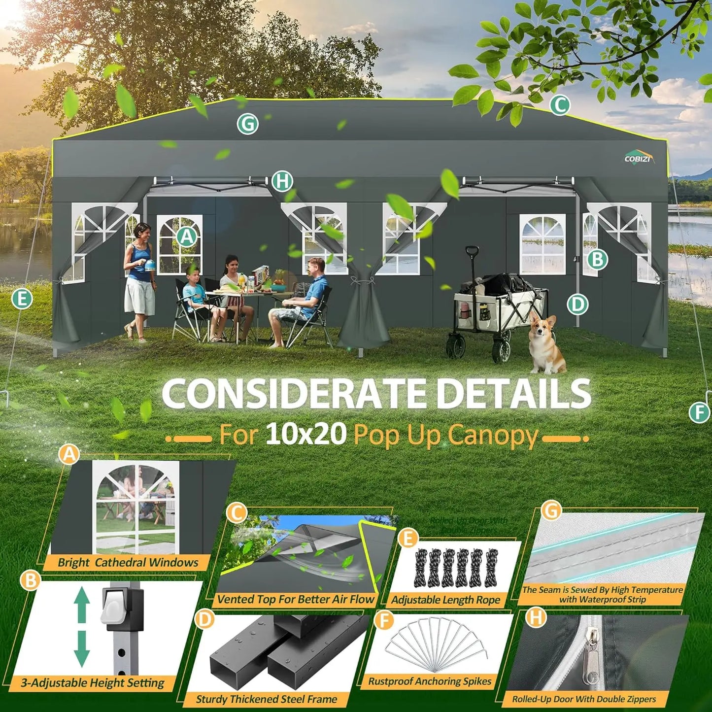 3x6 Pop-Up Waterproof Party Tent with 6 Sidewalls Features reflective stripes and ventilation openings, ideal for weddings, garden events, and outdoor gatherings. Easy to set up and durable.
