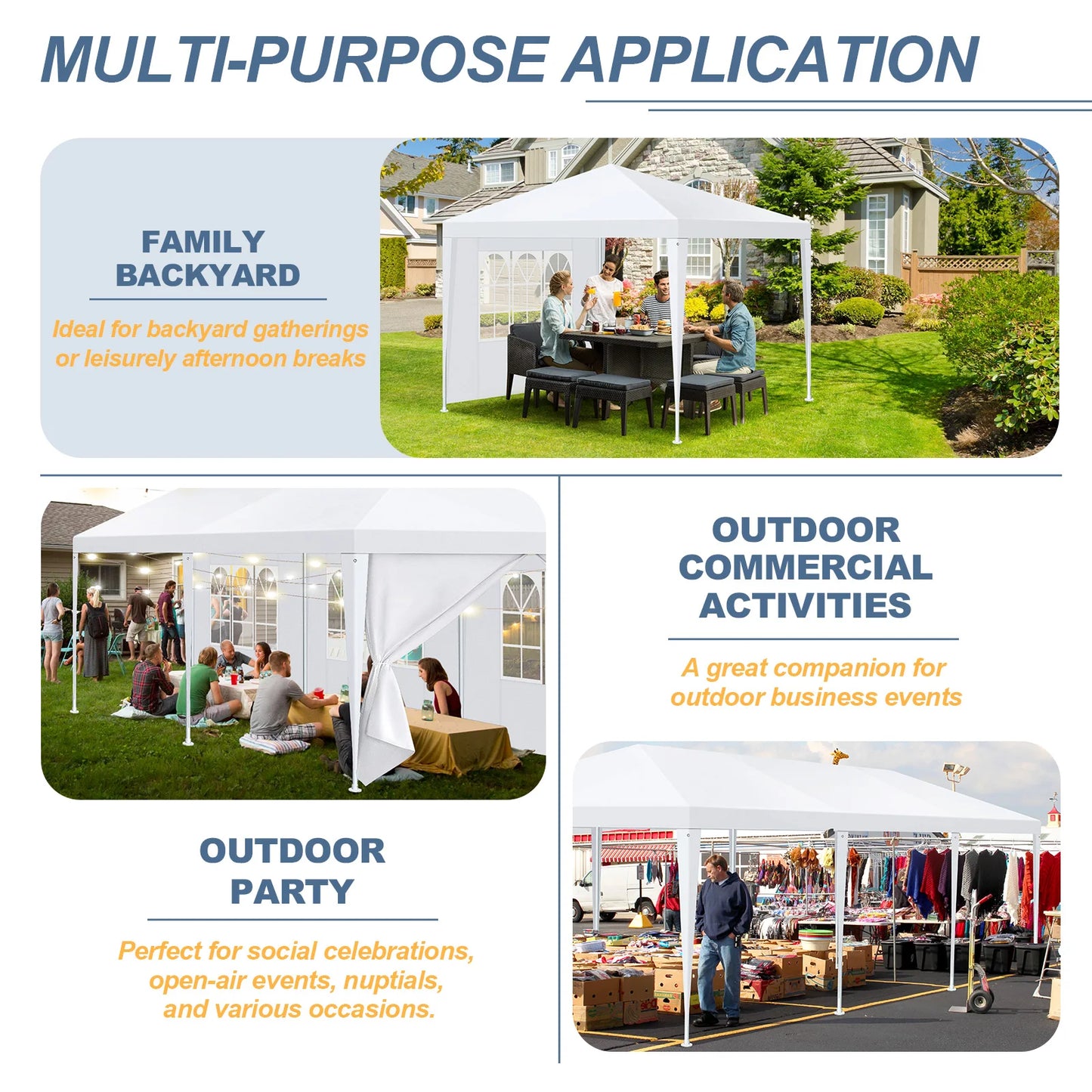 10x10 / 10x20 / 10x30 Outdoor Party Tent with Removable Sidewalls
Waterproof canopy perfect for weddings, parties, BBQs, and outdoor events. Easy to set up and versatile for any occasion.