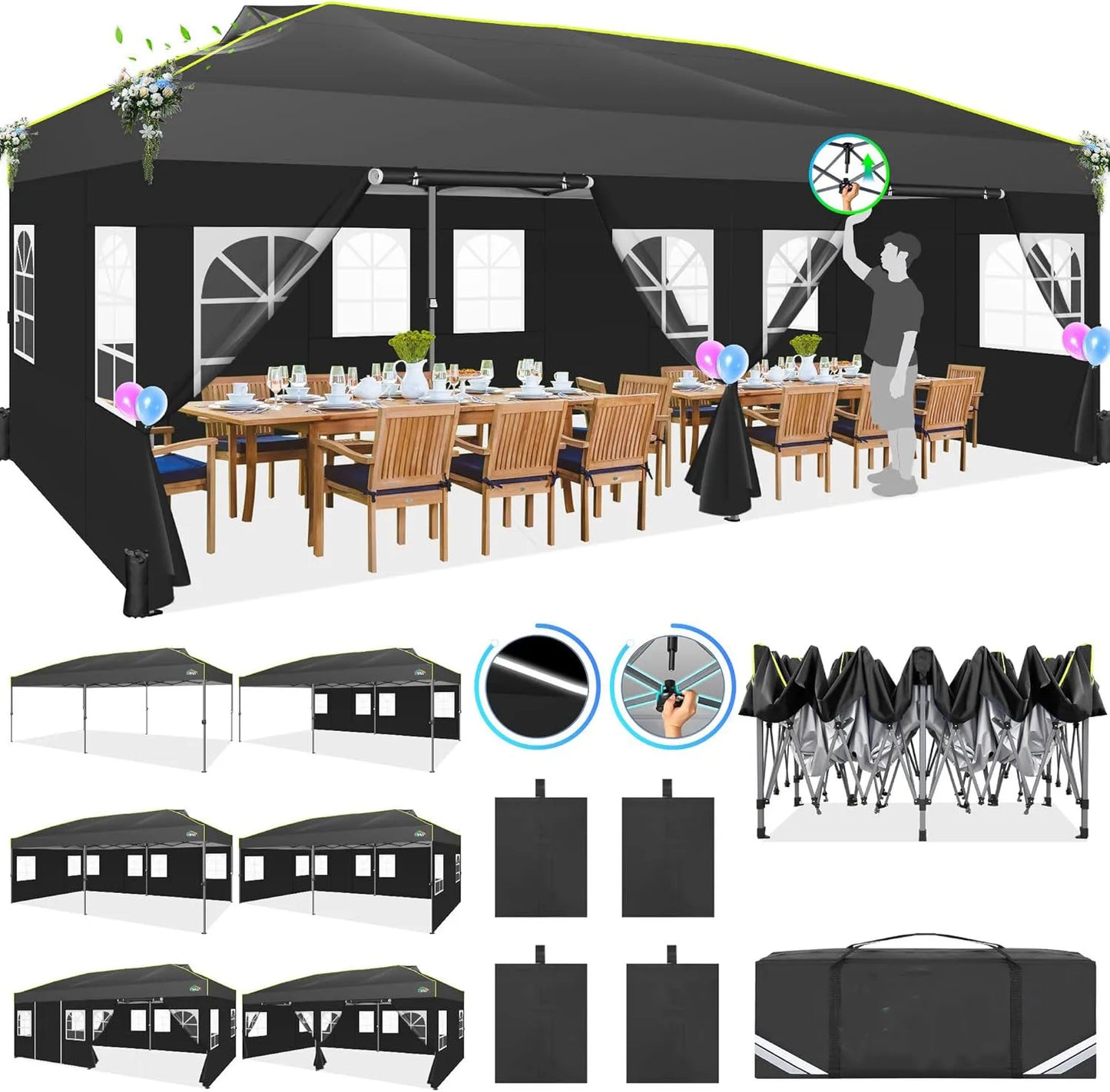 3x6 Pop-Up Waterproof Party Tent with 6 Sidewalls Features reflective stripes and ventilation openings, ideal for weddings, garden events, and outdoor gatherings. Easy to set up and durable.