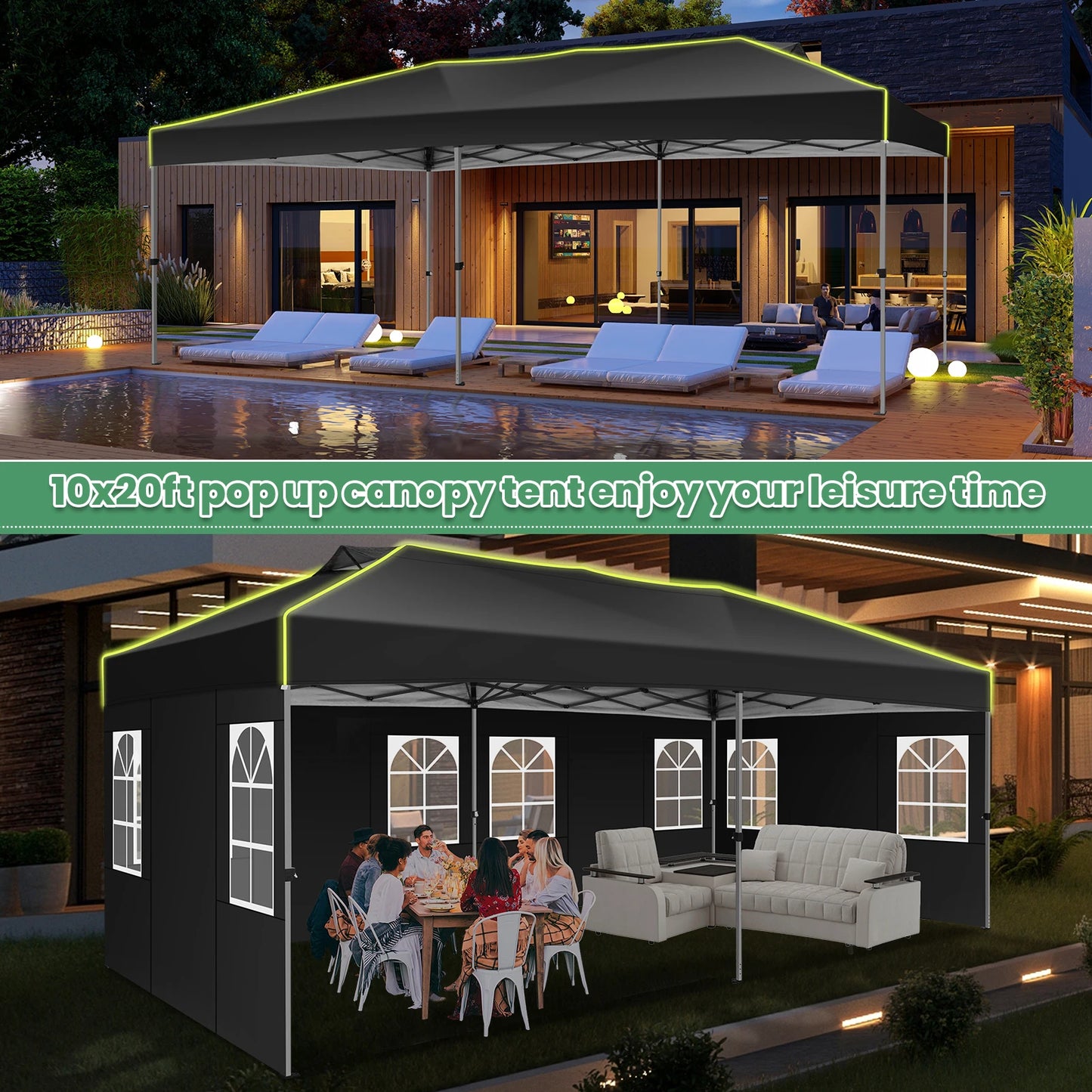 3x6 Pop-Up Waterproof Party Tent with 6 Sidewalls Features reflective stripes and ventilation openings, ideal for weddings, garden events, and outdoor gatherings. Easy to set up and durable.