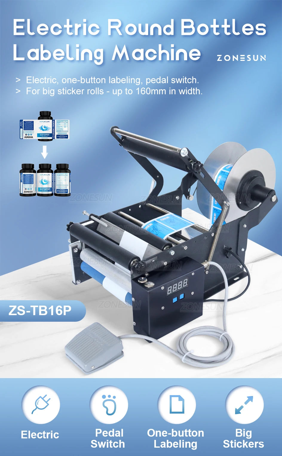 ZONESUN Round Bottle Labeling Machine With Smart Electric Pedal Glass Plastic Bottle Jar Vial Sticker Packaging Labeler ZS-TB16P