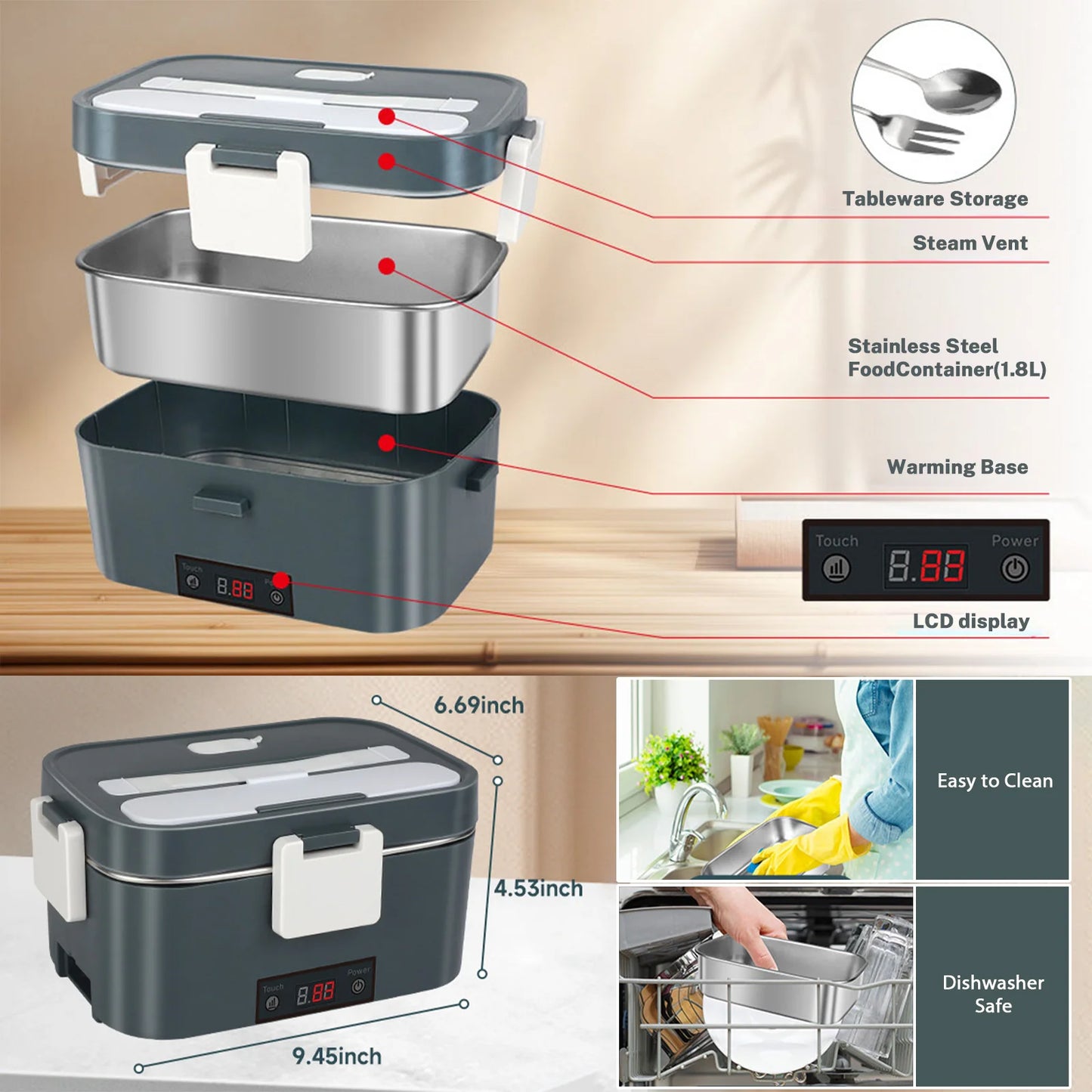 Wireless Self-Heating Lunch Box – Rechargeable Equipped with 4×4000mAh batteries, perfect for warming meals on the go at work, in the car, or during travel.