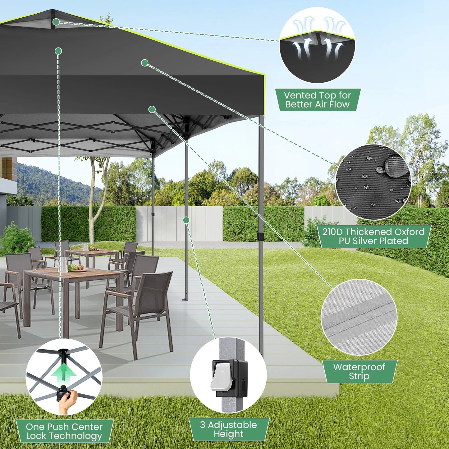 3x6 Pop-Up Waterproof Party Tent with 6 Sidewalls Features reflective stripes and ventilation openings, ideal for weddings, garden events, and outdoor gatherings. Easy to set up and durable.