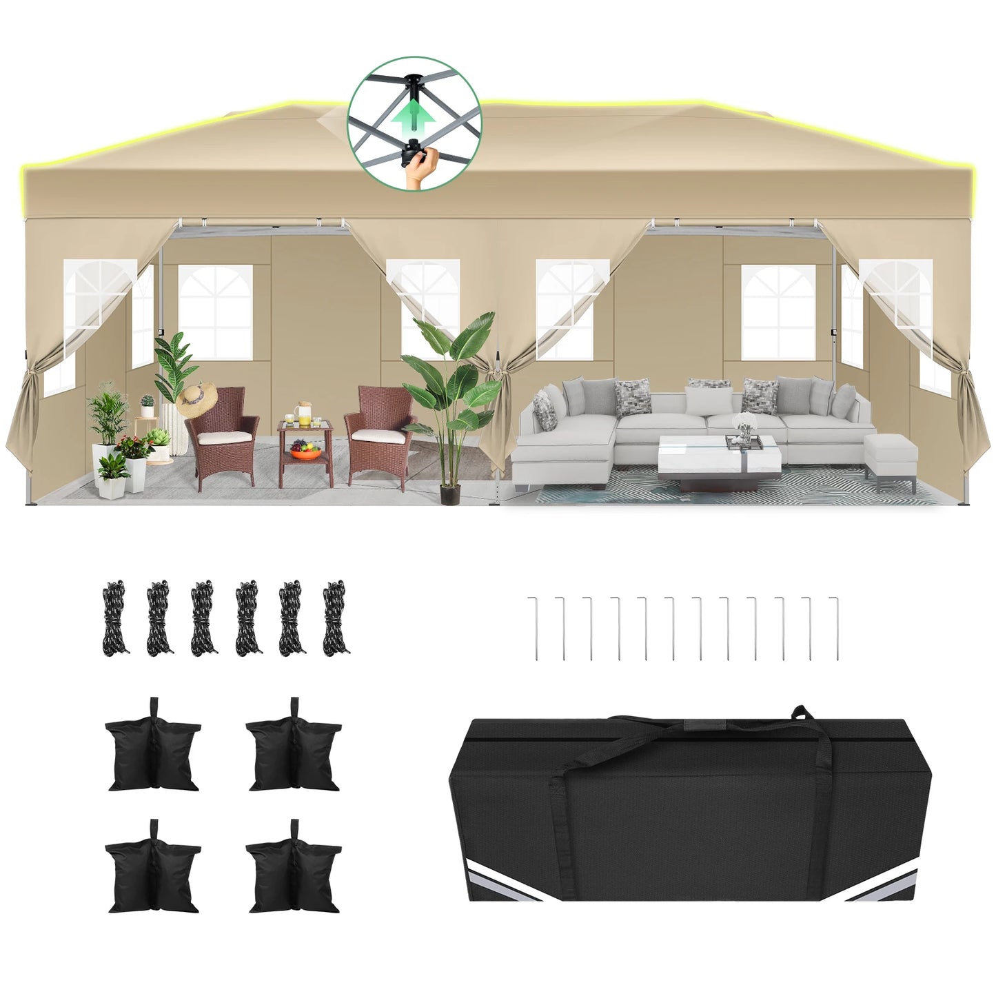 3x6 Pop-Up Waterproof Party Tent with 6 Sidewalls Features reflective stripes and ventilation openings, ideal for weddings, garden events, and outdoor gatherings. Easy to set up and durable.