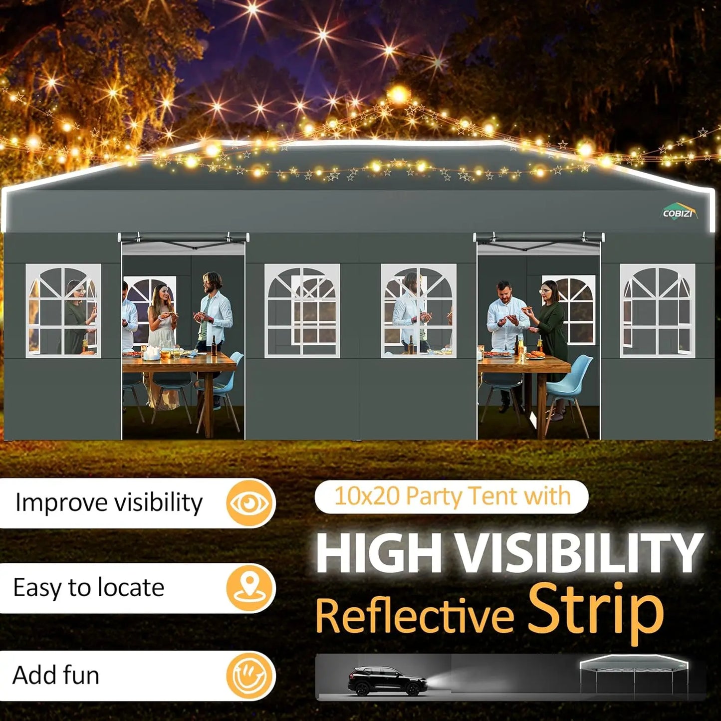3x6 Pop-Up Waterproof Party Tent with 6 Sidewalls Features reflective stripes and ventilation openings, ideal for weddings, garden events, and outdoor gatherings. Easy to set up and durable.
