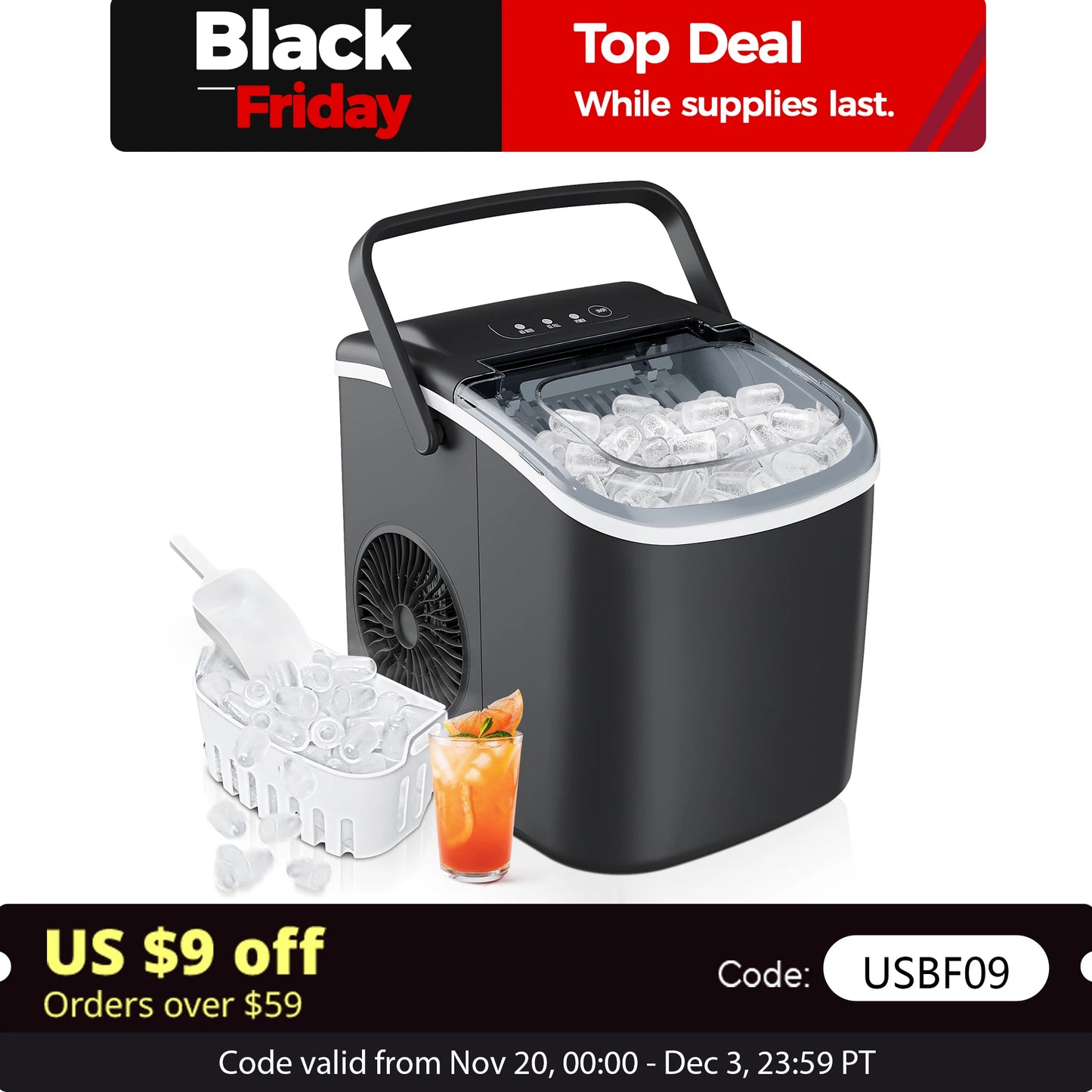 SIMZLIFE 25 lbs/24H Countertop Ice Maker Machine, 9 Bullet-Shaped Ice in 6 Min, Auto-Cleaning