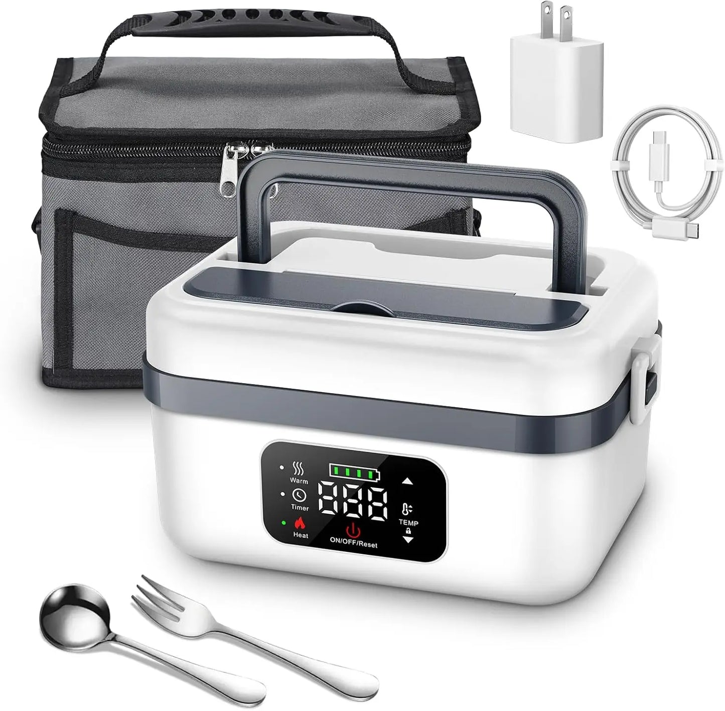 Wireless Self-Heating Lunch Box – Rechargeable Equipped with 4×4000mAh batteries, perfect for warming meals on the go at work, in the car, or during travel.