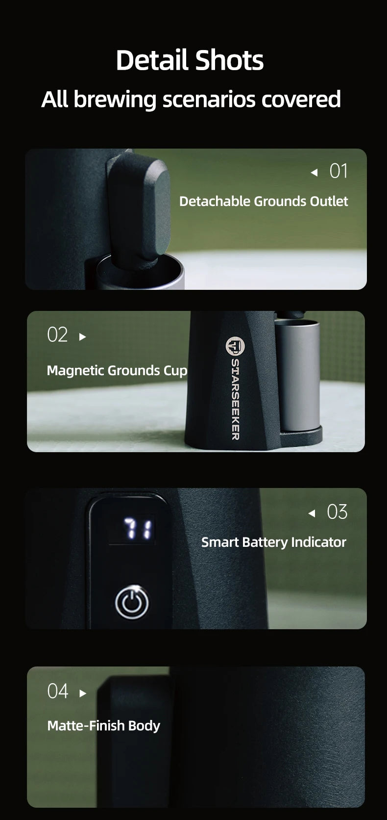 STARSEEKER EDGE Mini Portable Electric Coffee Grinder 38mm Cone Burr Stepless Adjustable Type-C Home Outdoor Travel Suit