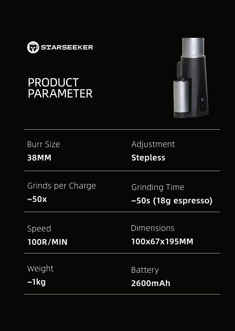 STARSEEKER EDGE Mini Portable Electric Coffee Grinder 38mm Cone Burr Stepless Adjustable Type-C Home Outdoor Travel Suit