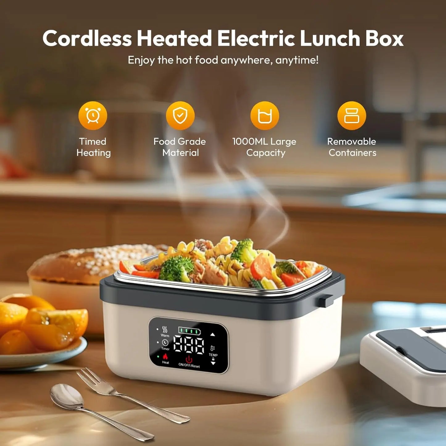 Wireless Self-Heating Lunch Box – Rechargeable Equipped with 4×4000mAh batteries, perfect for warming meals on the go at work, in the car, or during travel.