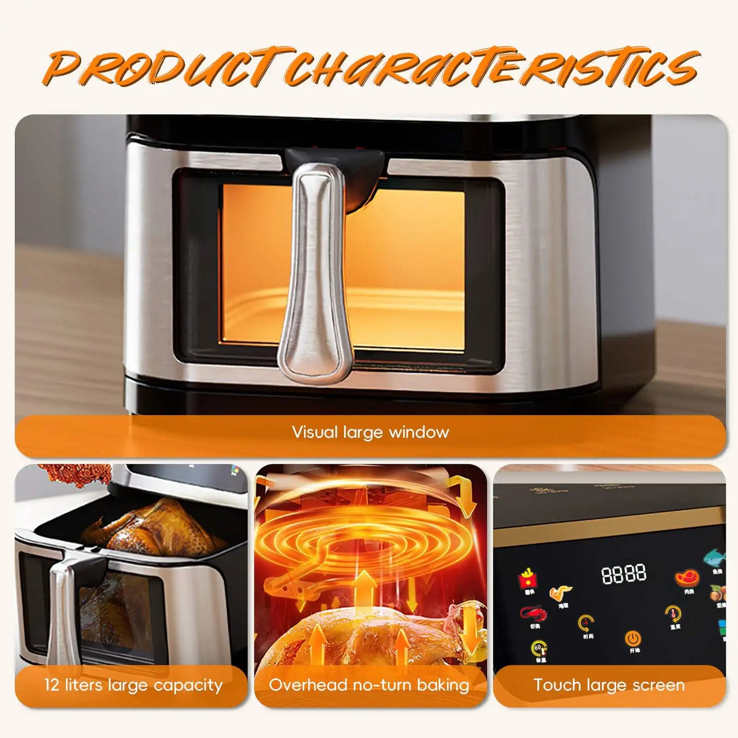 8L Stainless Steel Visible Large Capacity Electric Air Fryer, Multi-function Air Oven, LED Touch Screen,210 ° High Temperature