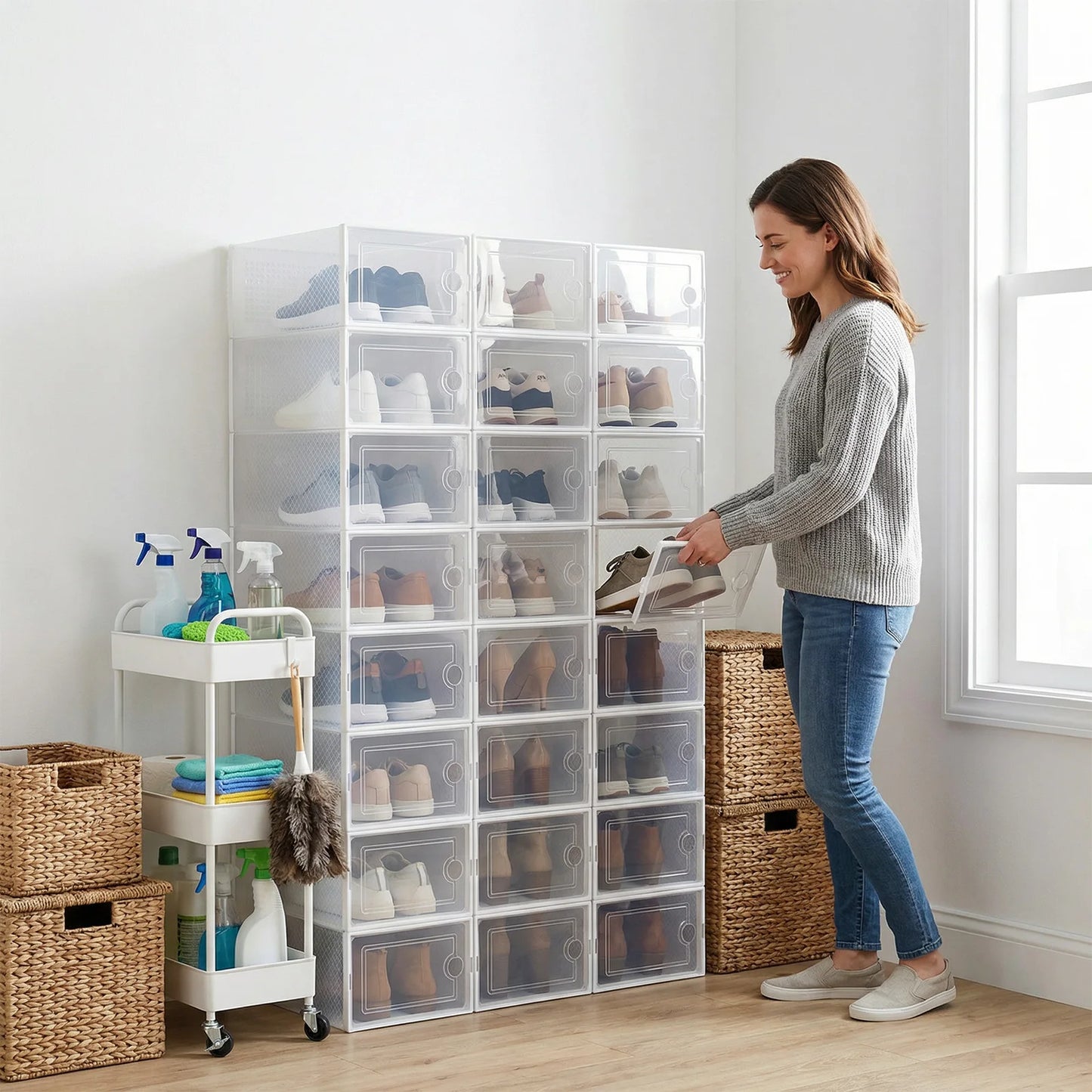 Shoe Boxes, Pack of 6/12, Stackable Shoe Organiser, Shoe Storage, Shoe Box with Lid for Shoes up to Size 45, White
