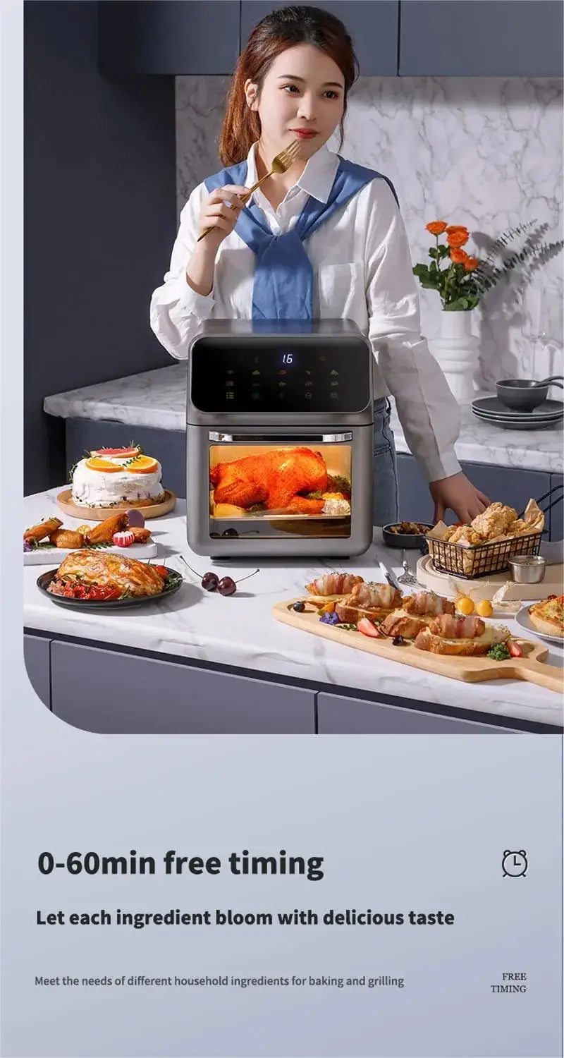 10L Air Fryer – 1350W Oil-Free Oven
Features touch control, visible window, and non-basket design. Large family size, perfect for healthier cooking.