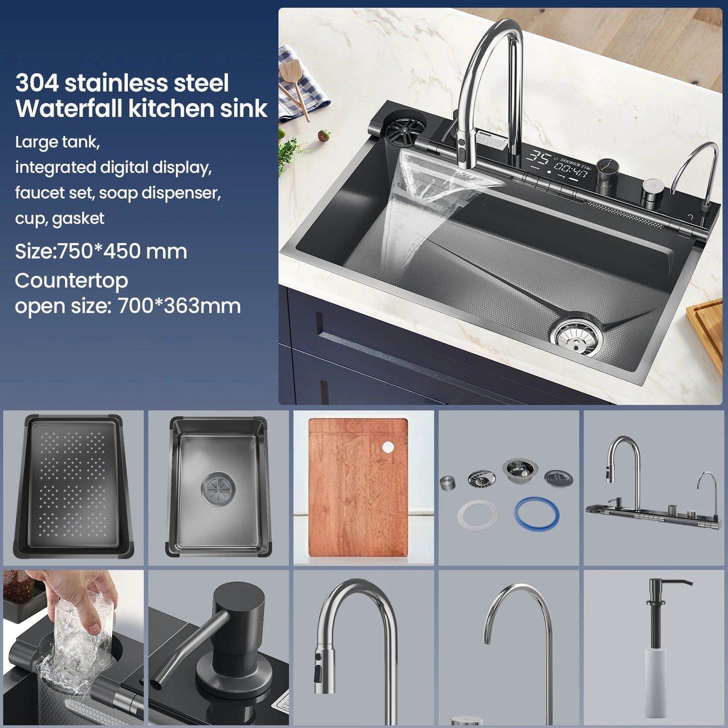 The Stainless Steel water Kitchen Kitchen wide Single Slot Integrated Digital Display falcet Set Soap Dispenser Cup Wash