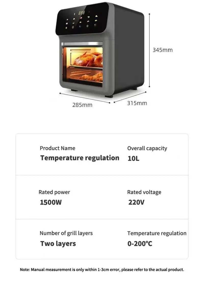 10L Air Fryer – 1350W Oil-Free Oven
Features touch control, visible window, and non-basket design. Large family size, perfect for healthier cooking.