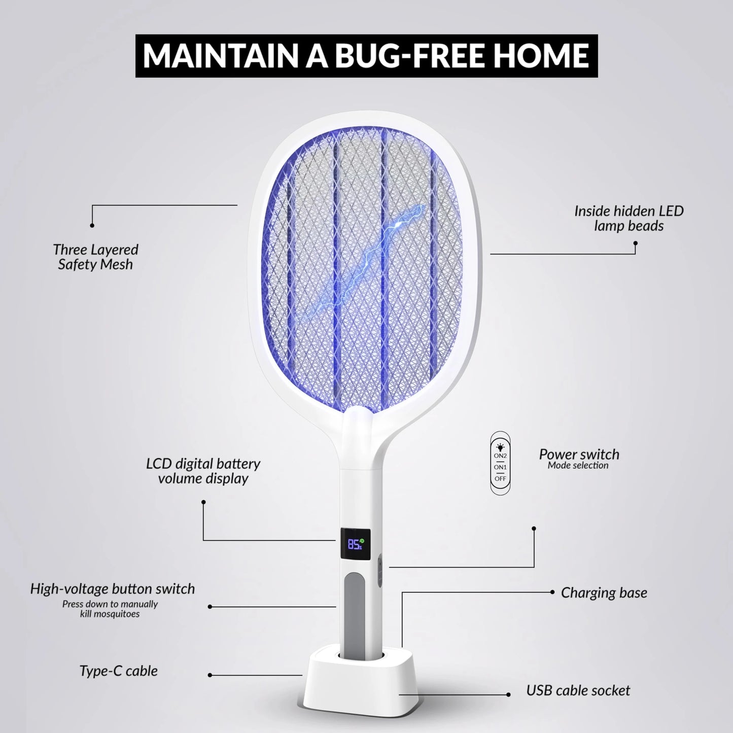2-in-1 Electric Mosquito Swatter Mosquito Killer USB Rechargeable Angle Adjustable Electric Bug Zapper Fly Bat Insect Swatter
