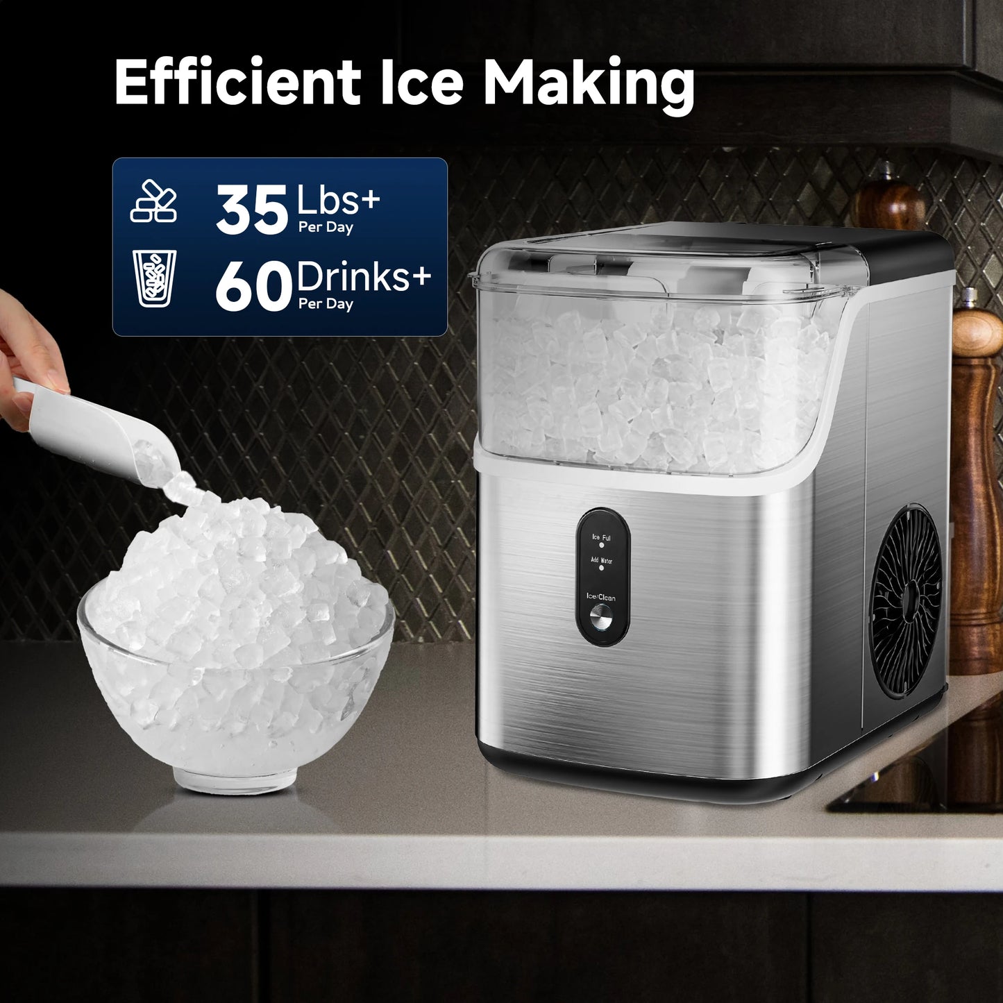SIMZLIFE Pebble Ice Maker Machine with 35lbs/24H Soft Ice Self Cleaning Sonic Ice Maker Pellet Ice Maker for Home Kitchen Office