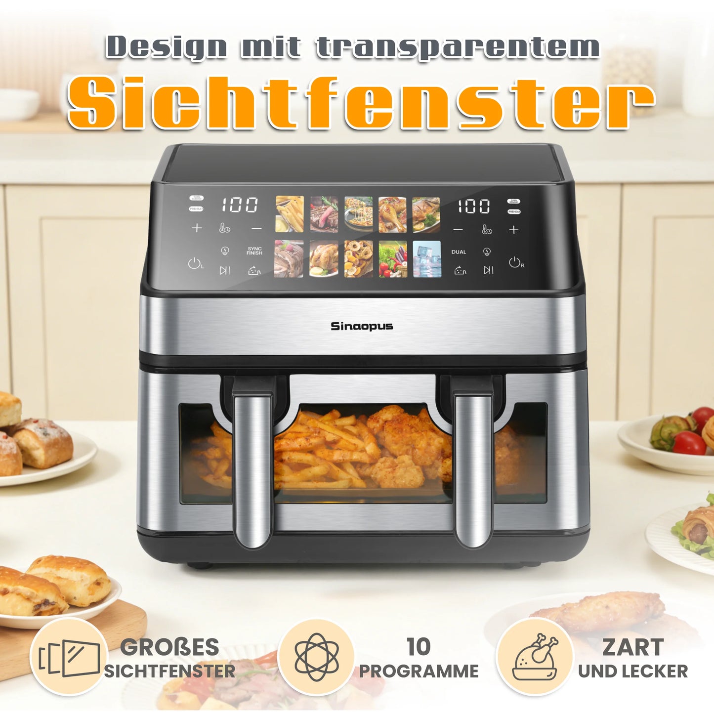 Air Fryer 8.5L 2000W LED Touch Viewing Window Oven Function 10 Programs Oil-Free Family Hot Air Fryer