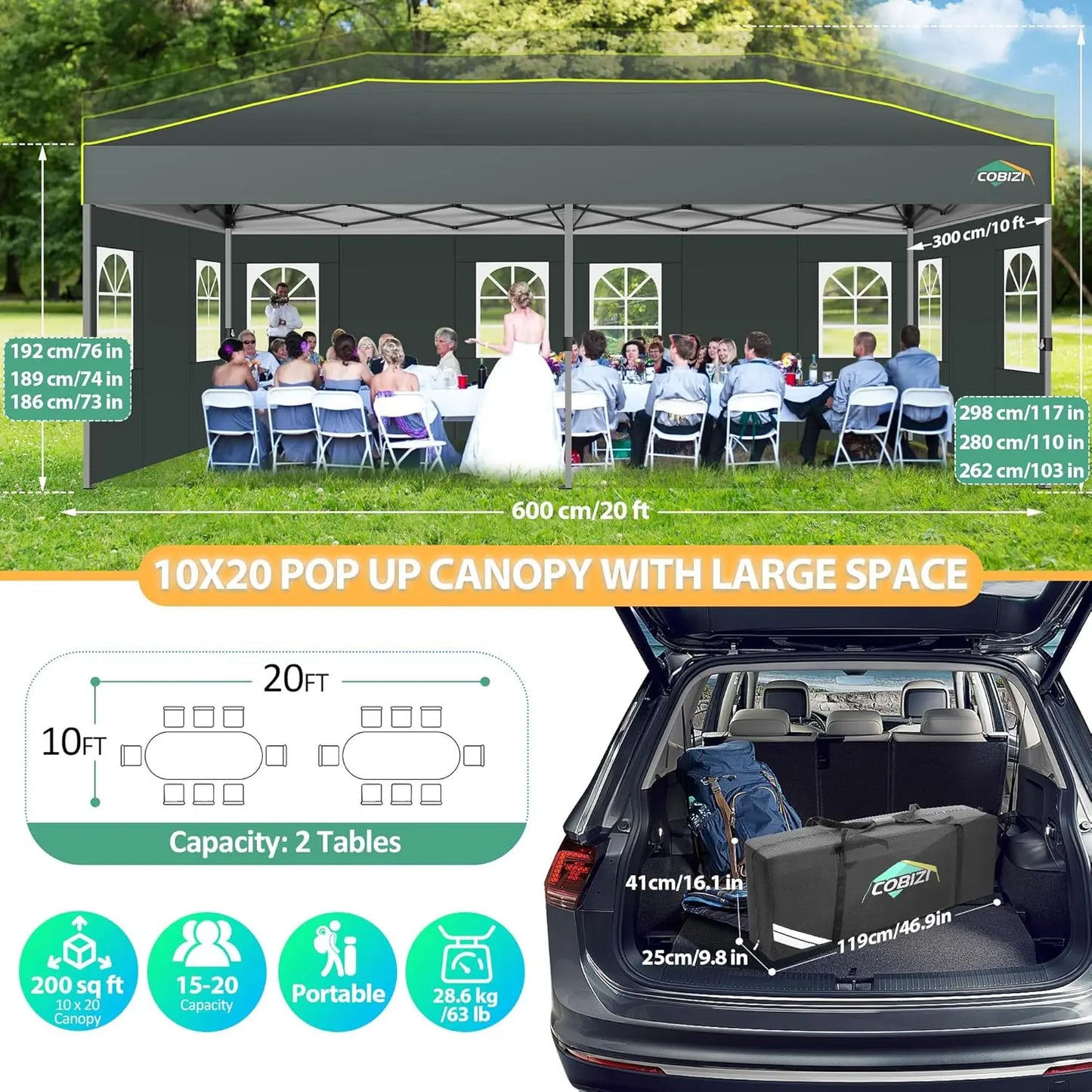 3x6 Pop-Up Waterproof Party Tent with 6 Sidewalls Features reflective stripes and ventilation openings, ideal for weddings, garden events, and outdoor gatherings. Easy to set up and durable.