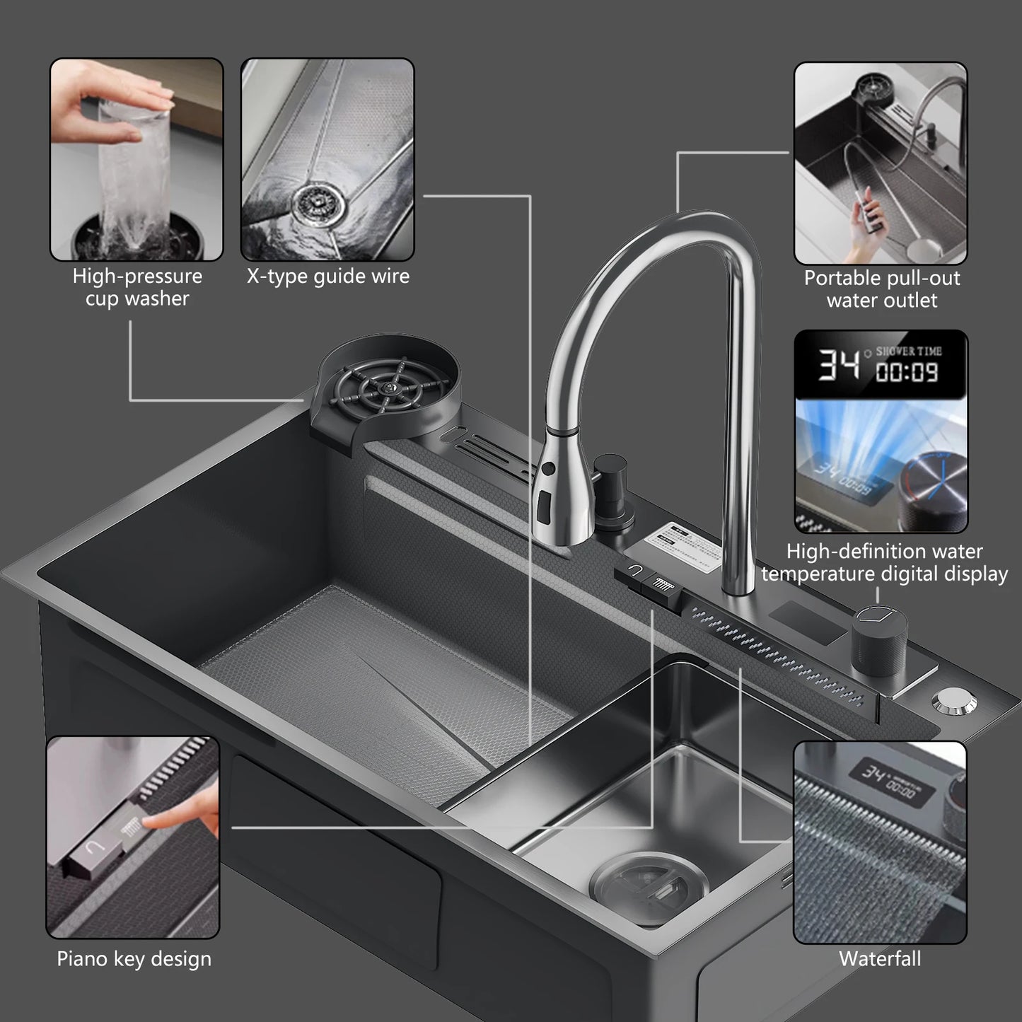 The Stainless Steel water Kitchen Kitchen wide Single Slot Integrated Digital Display falcet Set Soap Dispenser Cup Wash