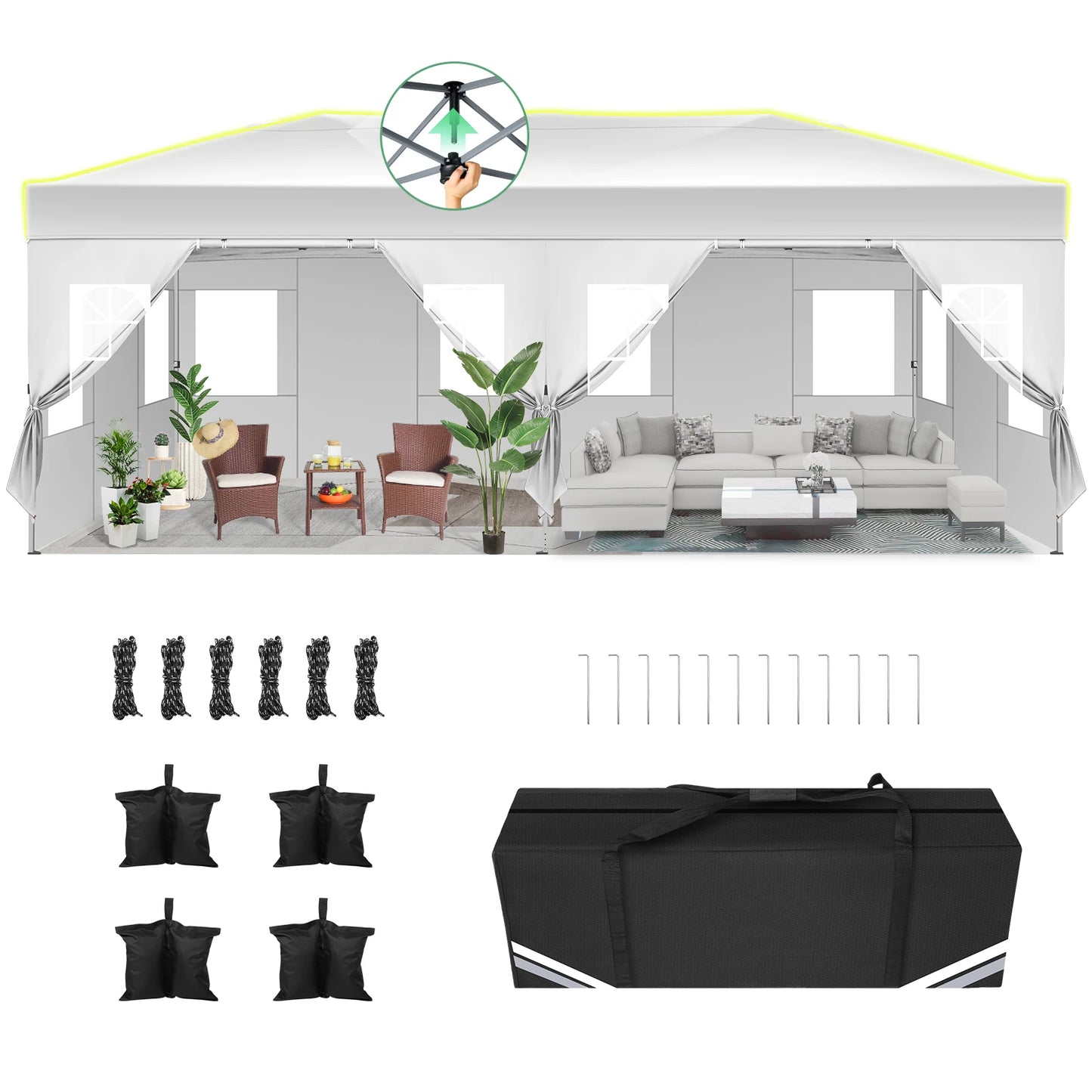 3x6 Pop-Up Waterproof Party Tent with 6 Sidewalls Features reflective stripes and ventilation openings, ideal for weddings, garden events, and outdoor gatherings. Easy to set up and durable.