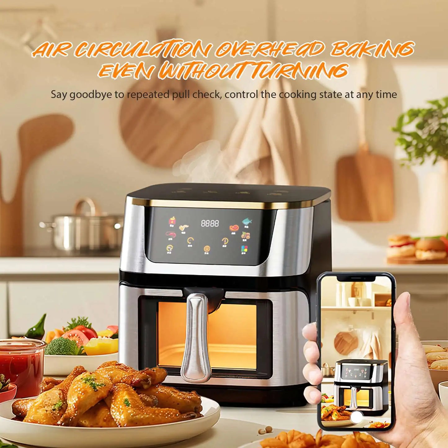 8L Stainless Steel Visible Large Capacity Electric Air Fryer, Multi-function Air Oven, LED Touch Screen,210 ° High Temperature
