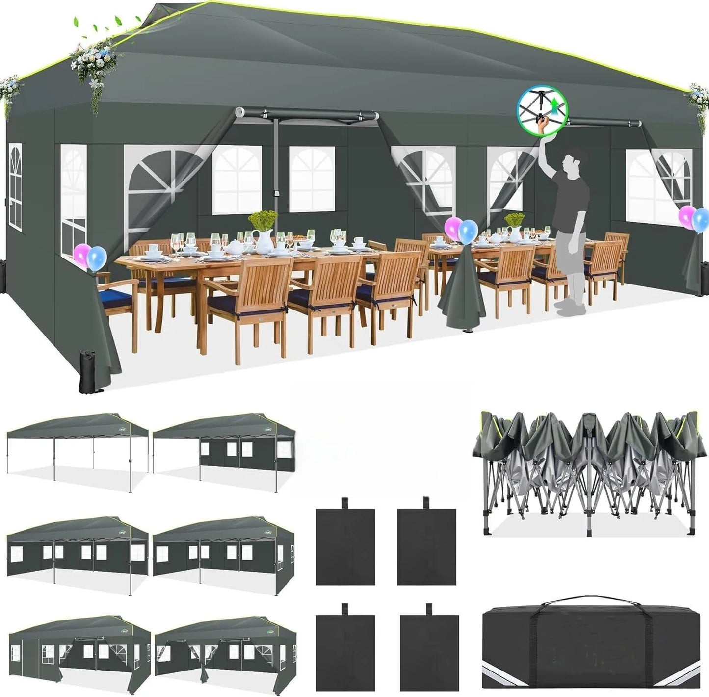 3x6 Pop-Up Waterproof Party Tent with 6 Sidewalls Features reflective stripes and ventilation openings, ideal for weddings, garden events, and outdoor gatherings. Easy to set up and durable.