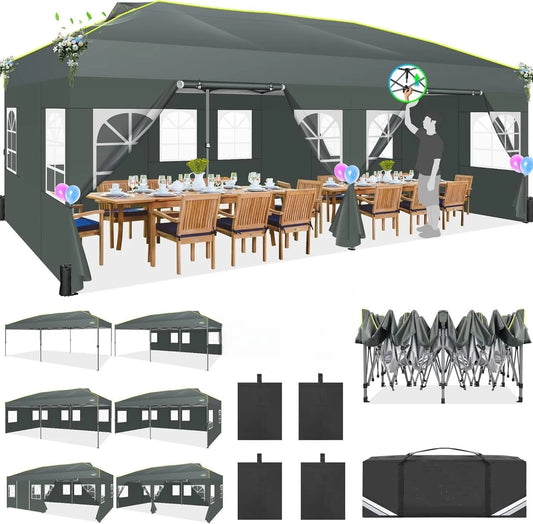 3x6 Pop-Up Waterproof Party Tent with 6 Sidewalls Features reflective stripes and ventilation openings, ideal for weddings, garden events, and outdoor gatherings. Easy to set up and durable.