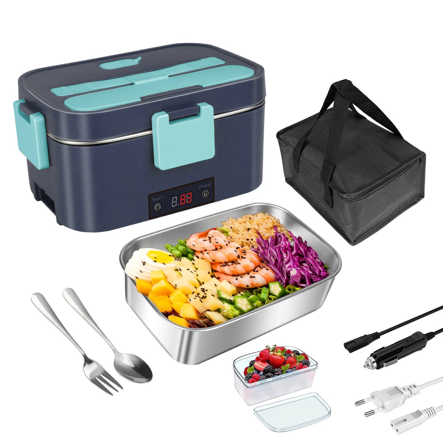 Wireless Self-Heating Lunch Box – Rechargeable Equipped with 4×4000mAh batteries, perfect for warming meals on the go at work, in the car, or during travel.