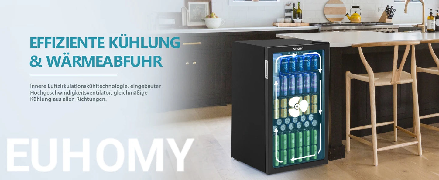 Drinks refrigerator with glass door for 126 cans, adjustable shelves for beer/wine, home/bar/office, silver stainless steel