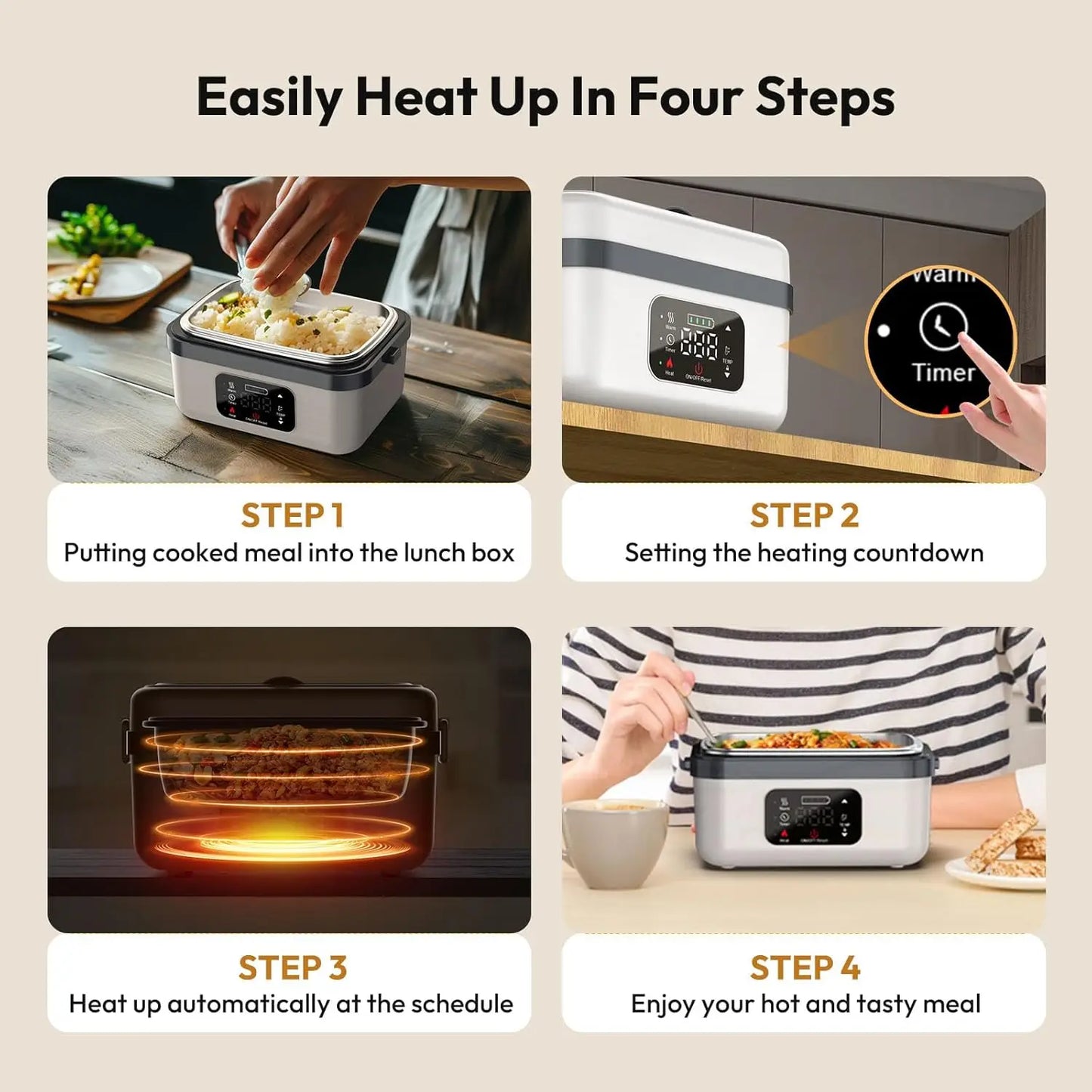 Wireless Self-Heating Lunch Box – Rechargeable Equipped with 4×4000mAh batteries, perfect for warming meals on the go at work, in the car, or during travel.