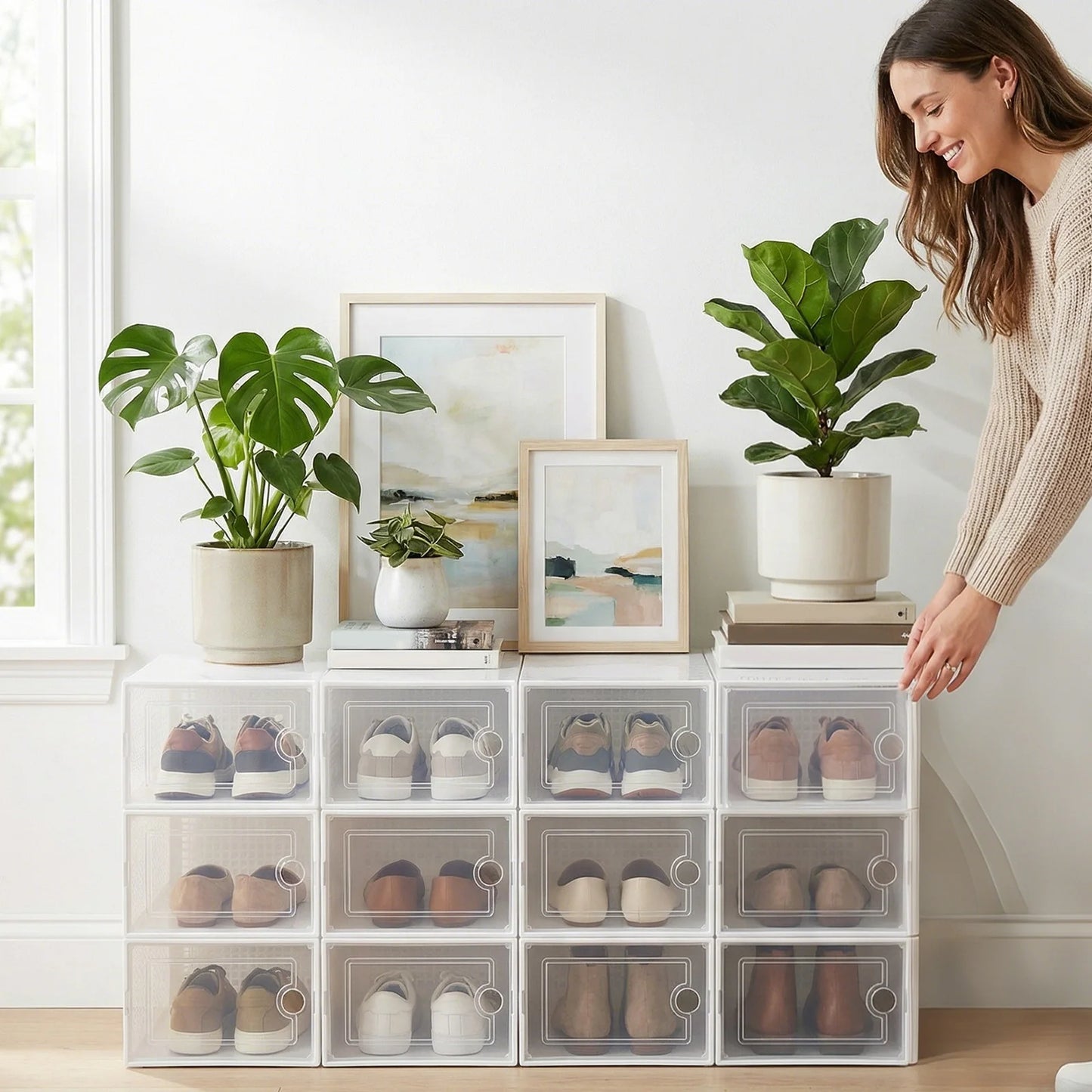 Shoe Boxes, Pack of 6/12, Stackable Shoe Organiser, Shoe Storage, Shoe Box with Lid for Shoes up to Size 45, White