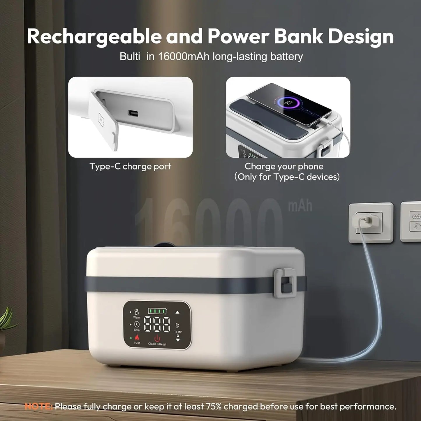 Wireless Self-Heating Lunch Box – Rechargeable Equipped with 4×4000mAh batteries, perfect for warming meals on the go at work, in the car, or during travel.