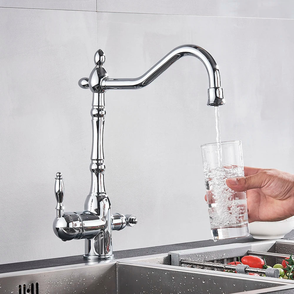 Matte Black  Kitchen Sink Faucet Pure Water Filter Drink Mixer Tap Dual Handles Two Spout Bathroom Kitchen Tap Hot Cold Crane