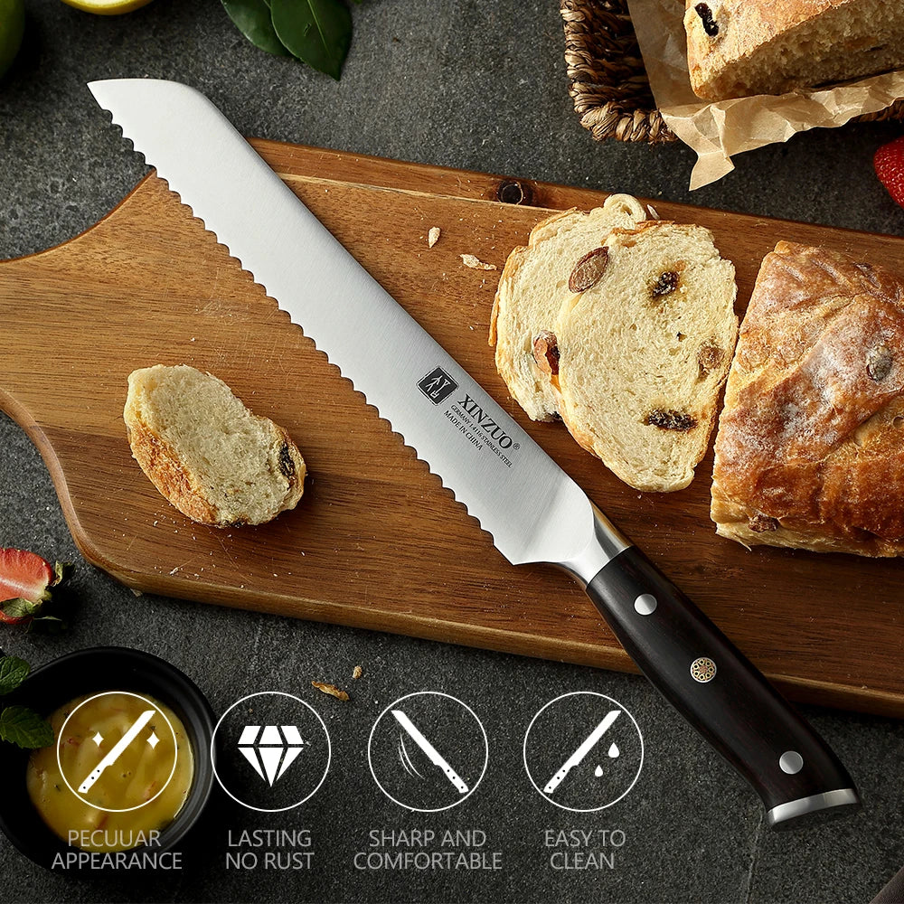 XINZUO German 1.4116 Stainless Steel  9'' Bread Knife 58HRC Serrated Design Cutter Tool For Cutting Bread Cheese Cake Gift Box