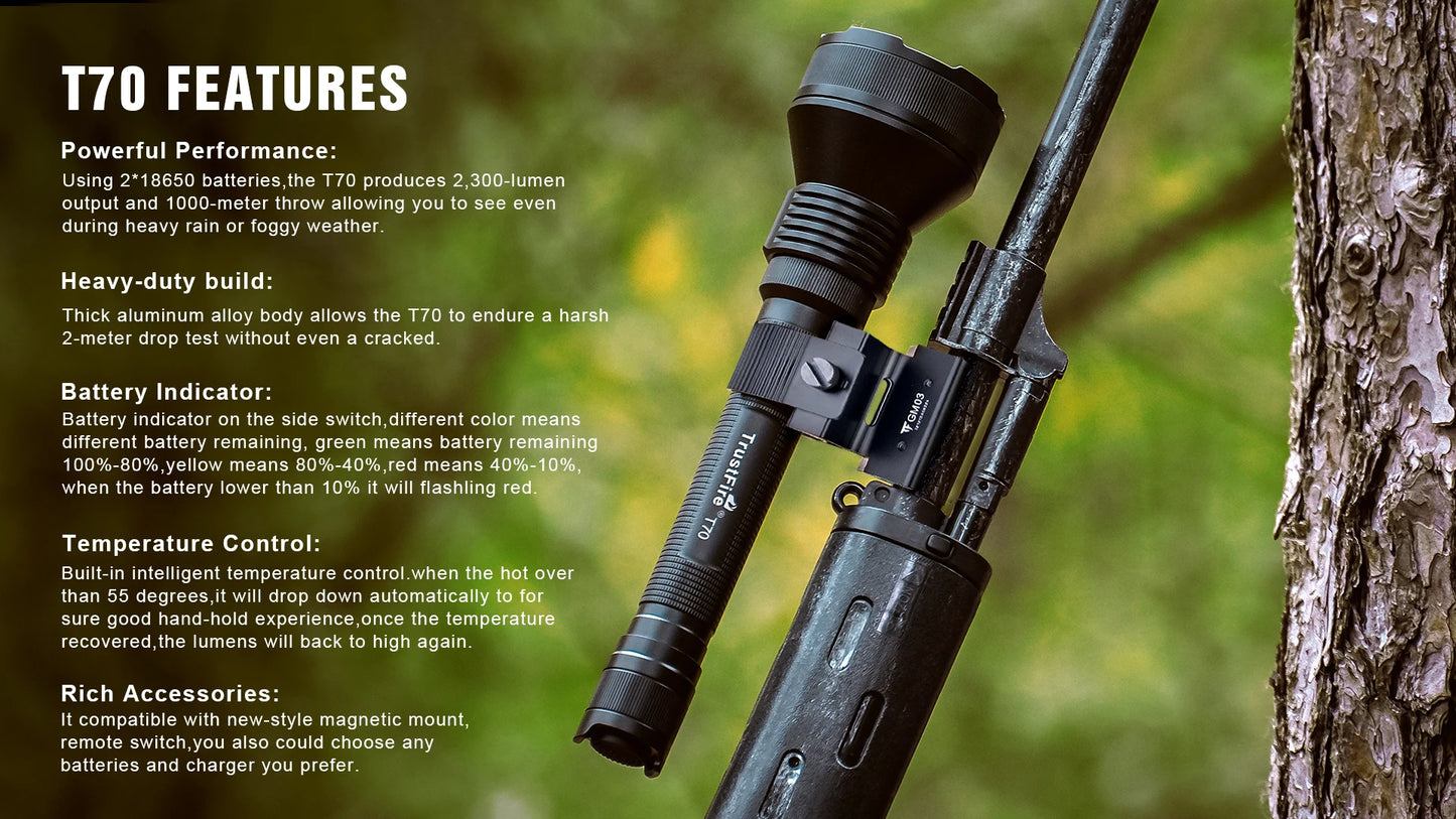 Trustfire T70 Powerful Flashlight For Hunting 1000 Meter Long Range 2300 Lumens 2-Switct 18650 High Power Strong Led Flash Light