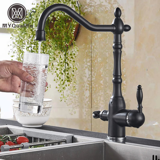 Matte Black  Kitchen Sink Faucet Pure Water Filter Drink Mixer Tap Dual Handles Two Spout Bathroom Kitchen Tap Hot Cold Crane